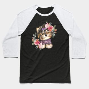 Cute Yorkshire Terrier Yorkie Puppy and Flowers Watercolor Art Baseball T-Shirt